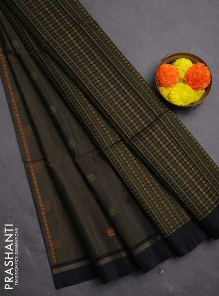 Kora silk cotton saree olive green and black with allover thread weaves & buttas and simple border