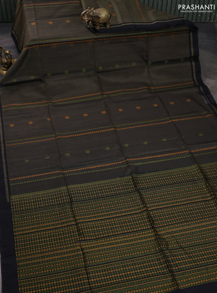 Kora silk cotton saree olive green and black with allover thread weaves & buttas and simple border