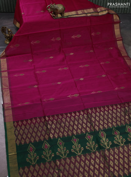 Kora silk cotton saree pink and green with allover thread & zari woven buttas and zari woven border
