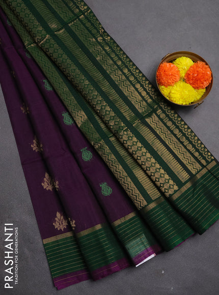 Kora silk cotton saree purple and green with allover thread & zari woven buttas and zari woven border