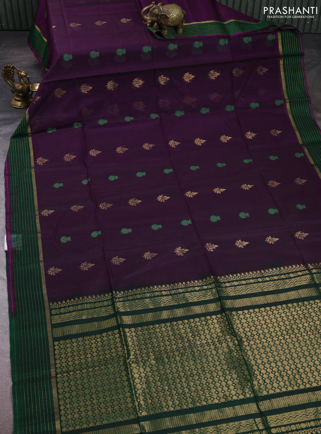 Kora silk cotton saree purple and green with allover thread & zari woven buttas and zari woven border