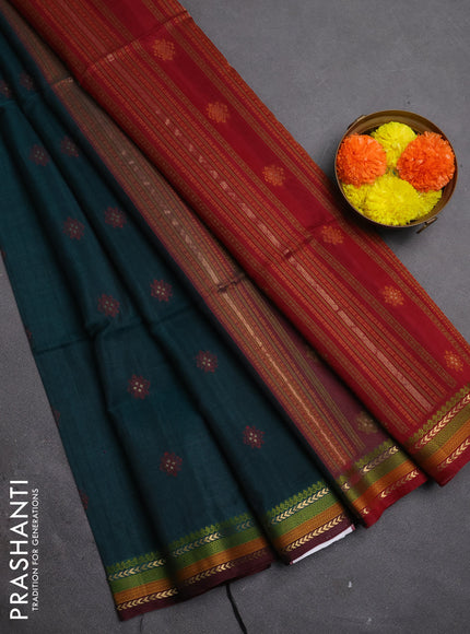 Kora silk cotton saree peacock green and deep maroon with allover thread & zari woven buttas and thread woven border