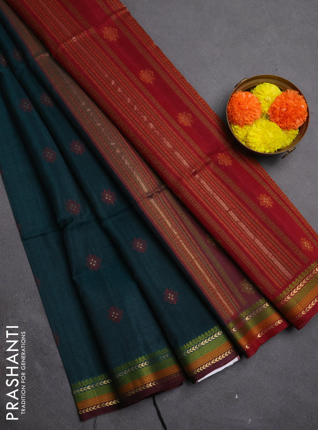 Kora silk cotton saree peacock green and deep maroon with allover thread & zari woven buttas and thread woven border