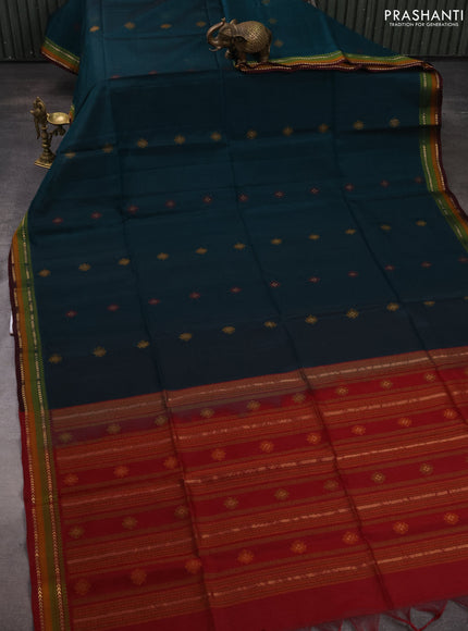 Kora silk cotton saree peacock green and deep maroon with allover thread & zari woven buttas and thread woven border