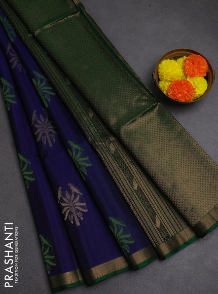 Kora silk cotton saree blue and green with zari woven buttas and small zari woven border