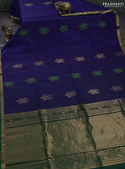 Kora silk cotton saree blue and green with zari woven buttas and small zari woven border
