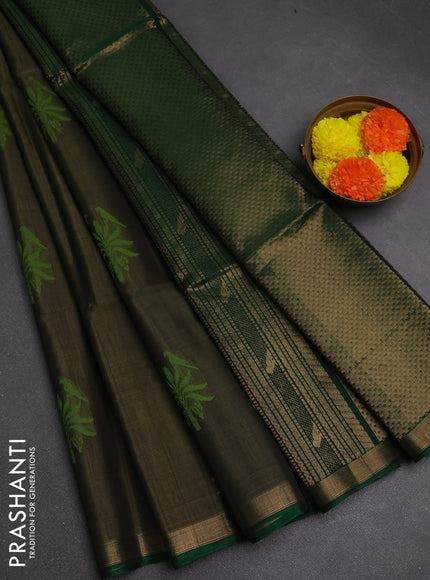 Kora silk cotton saree olive green and green with zari woven buttas and small zari woven border
