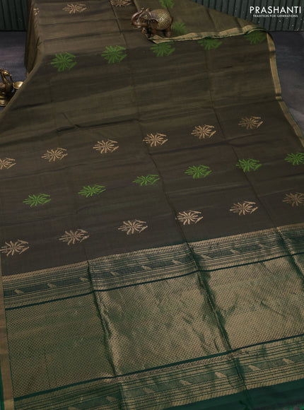 Kora silk cotton saree olive green and green with zari woven buttas and small zari woven border
