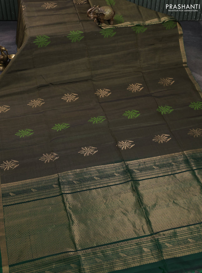 Kora silk cotton saree olive green and green with zari woven buttas and small zari woven border