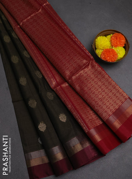 Kora silk cotton saree dark green and maroon with zari woven buttas and zari woven simple border