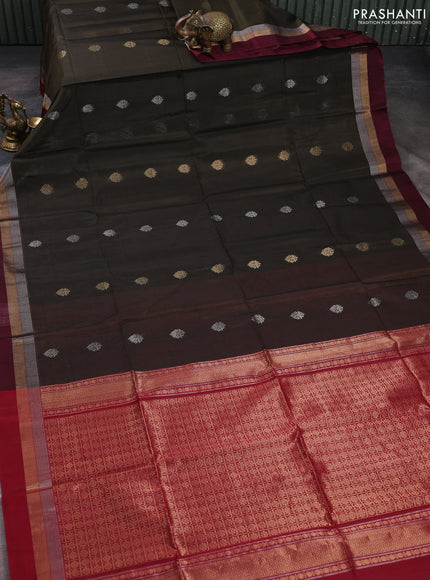 Kora silk cotton saree dark green and maroon with zari woven buttas and zari woven simple border