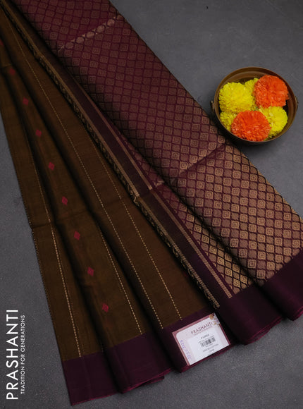 Kora silk cotton saree dark mustard and magenta pink with allover zari weaves & thread woven buttas and simple border