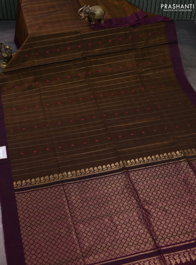 Kora silk cotton saree dark mustard and magenta pink with allover zari weaves & thread woven buttas and simple border