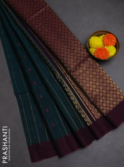 Kora silk cotton saree peacock green and magenta pink with allover zari weaves & thread woven buttas and simple border