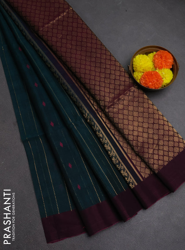Kora silk cotton saree peacock green and magenta pink with allover zari weaves & thread woven buttas and simple border