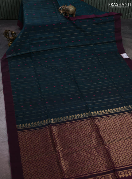 Kora silk cotton saree peacock green and magenta pink with allover zari weaves & thread woven buttas and simple border