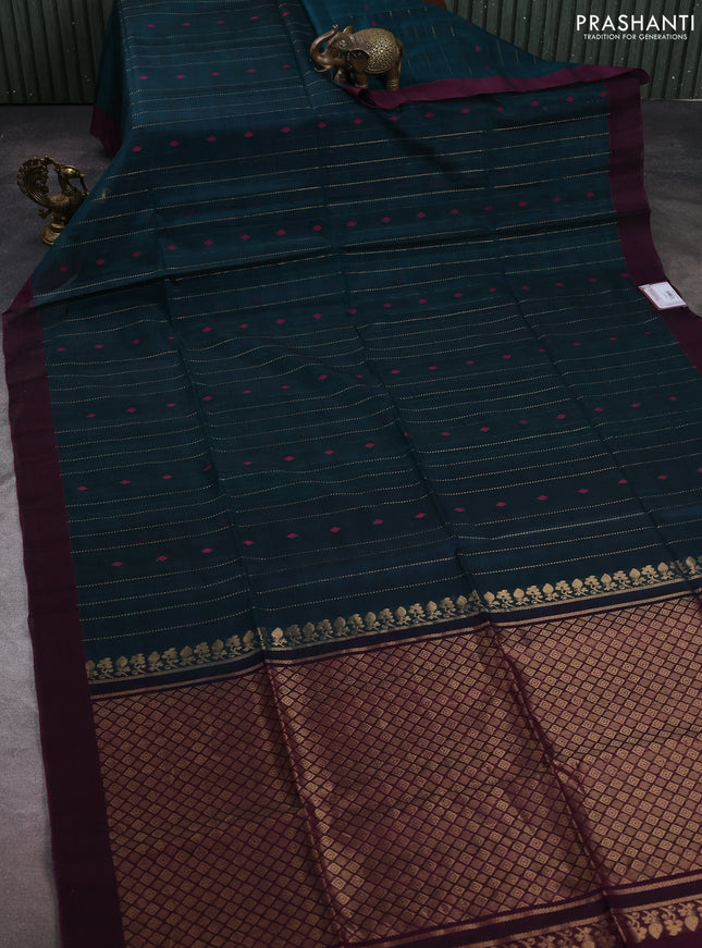 Kora silk cotton saree peacock green and magenta pink with allover zari weaves & thread woven buttas and simple border