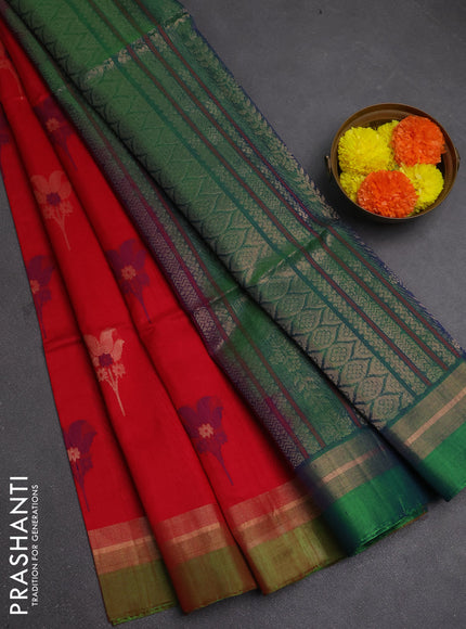 Kora silk cotton saree red and light green with allover thread & zari woven buttas and zari woven simple border