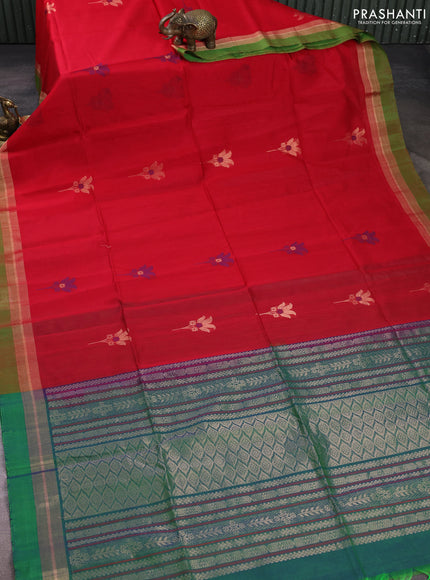 Kora silk cotton saree red and light green with allover thread & zari woven buttas and zari woven simple border