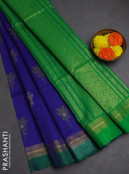 Kora silk cotton saree blue and green with allover thread & zari woven buttas and zari woven simple border