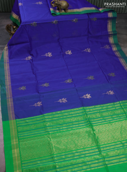 Kora silk cotton saree blue and green with allover thread & zari woven buttas and zari woven simple border
