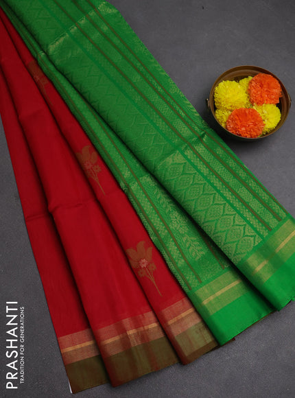 Kora silk cotton saree red and green with allover thread & zari woven buttas and zari woven simple border