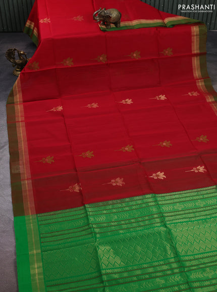 Kora silk cotton saree red and green with allover thread & zari woven buttas and zari woven simple border