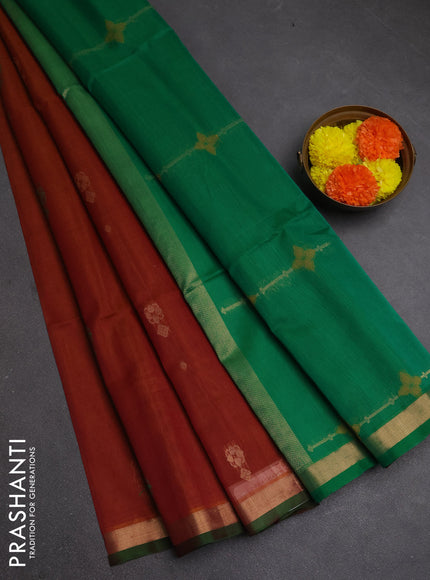 Kora silk cotton saree dark mustard and green with allover thread & zari woven buttas and zari woven simple border