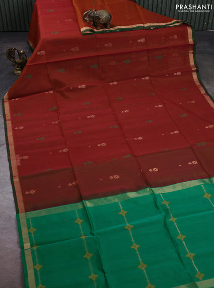 Kora silk cotton saree dark mustard and green with allover thread & zari woven buttas and zari woven simple border