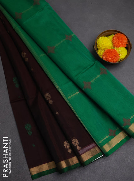 Kora silk cotton saree wine shade and green with allover zari woven buttas and small zari woven border