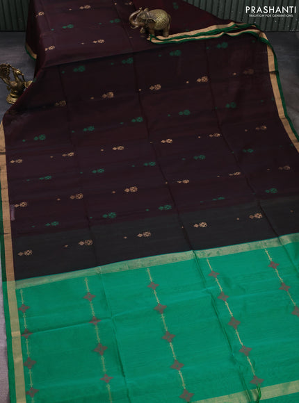 Kora silk cotton saree wine shade and green with allover zari woven buttas and small zari woven border
