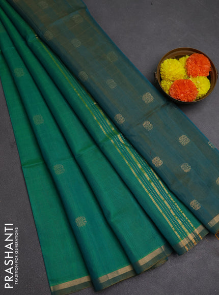 Kora silk cotton saree green and dual shade of mustard with allover zari woven buttas and small zari woven border