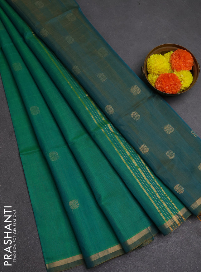 Kora silk cotton saree green and dual shade of mustard with allover zari woven buttas and small zari woven border