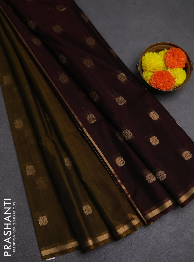Kora silk cotton saree dark mustard and deep maroon with allover zari woven buttas and small zari woven border