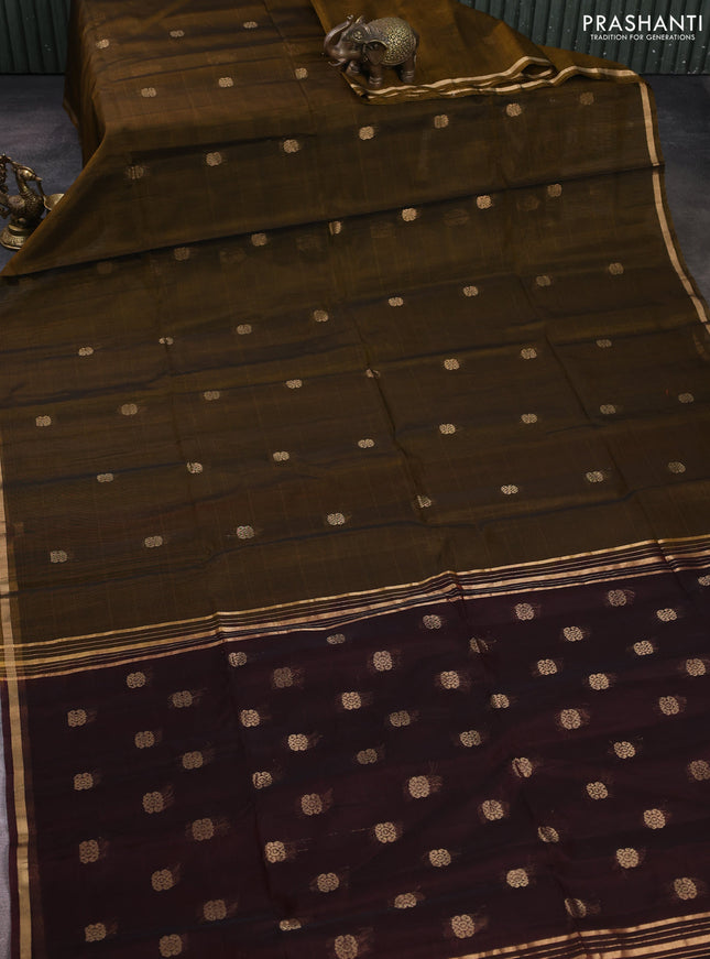 Kora silk cotton saree dark mustard and deep maroon with allover zari woven buttas and small zari woven border