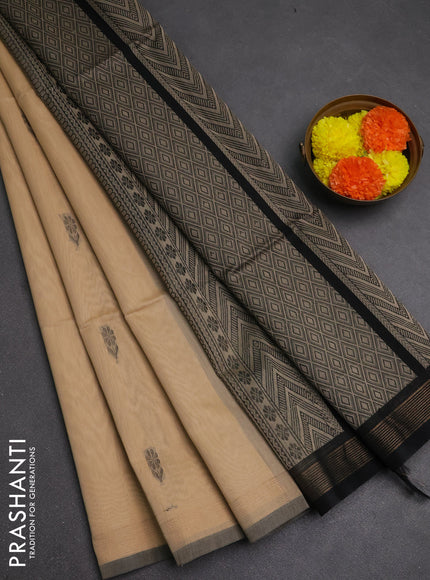 Kora silk cotton saree beige and black with thread weaves & buttas and piping border