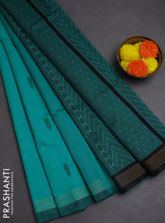 Kora silk cotton saree teal green and black with thread woven buttas and small zari woven border