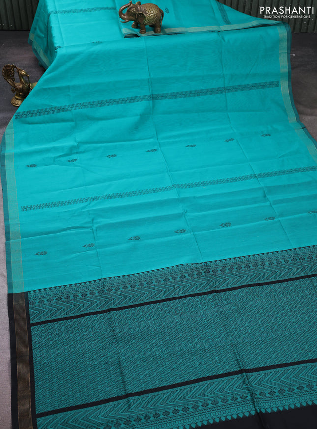 Kora silk cotton saree teal green and black with thread woven buttas and small zari woven border