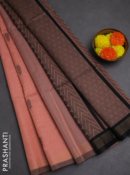 Kora silk cotton saree peach shade and black with thread woven buttas and small zari woven border