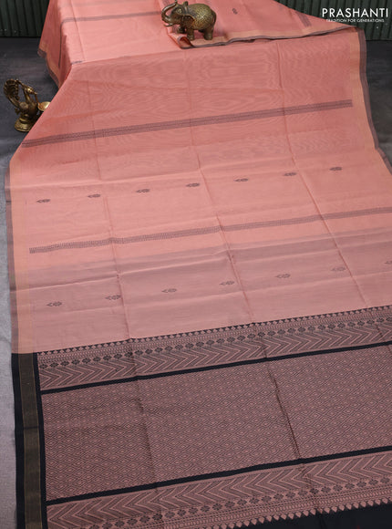 Kora silk cotton saree peach shade and black with thread woven buttas and small zari woven border