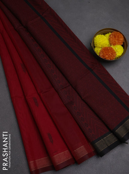 Kora silk cotton saree maroon and black with thread woven buttas and small zari woven border