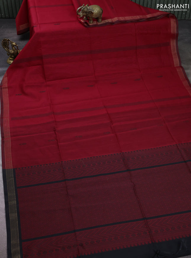 Kora silk cotton saree maroon and black with thread woven buttas and small zari woven border