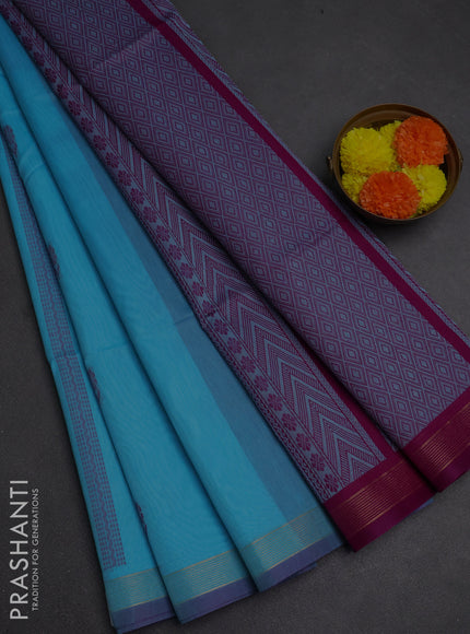 Kora silk cotton saree pastel blue and magenta pink with thread weaves & buttas and small zari woven border