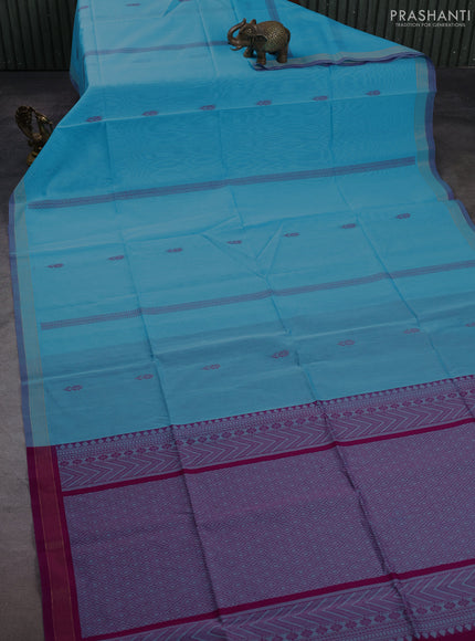 Kora silk cotton saree pastel blue and magenta pink with thread weaves & buttas and small zari woven border