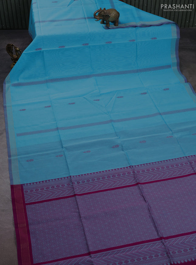 Kora silk cotton saree pastel blue and magenta pink with thread weaves & buttas and small zari woven border