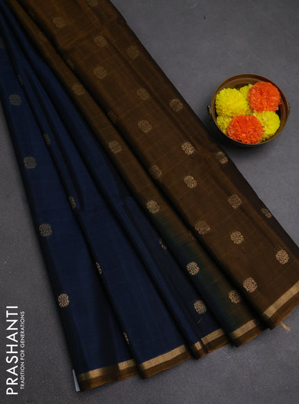 Kora silk cotton saree peacock blue and dark mustard with zari woven buttas and small zari woven border