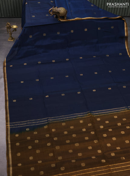 Kora silk cotton saree peacock blue and dark mustard with zari woven buttas and small zari woven border