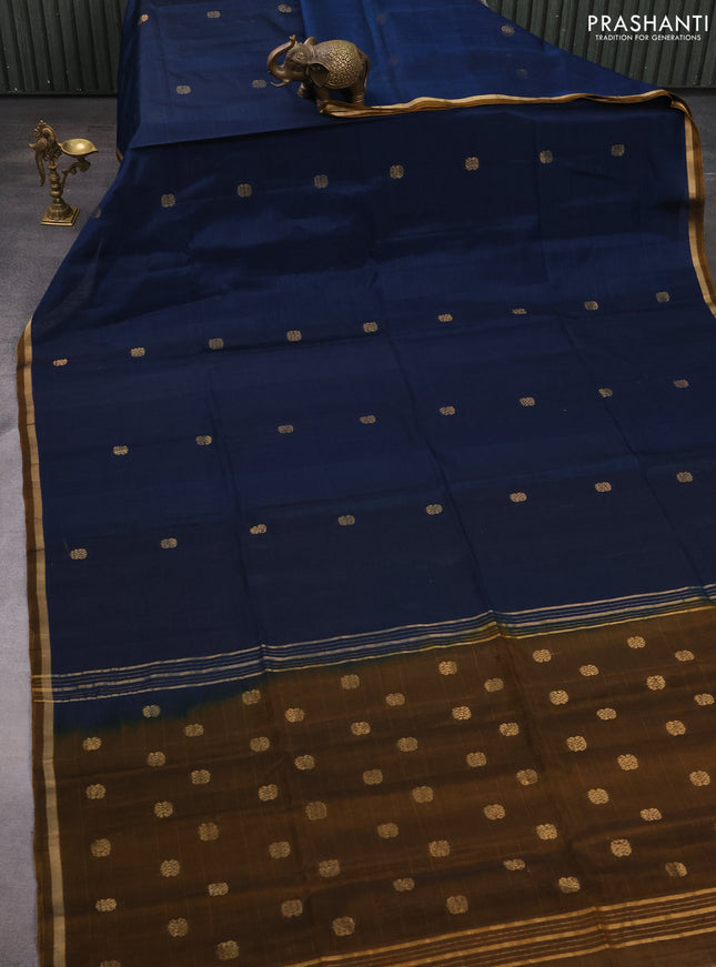 Kora silk cotton saree peacock blue and dark mustard with zari woven buttas and small zari woven border