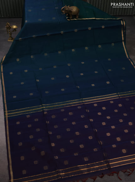Kora silk cotton saree dual shade of bluish green and bkuish maroon with zari woven buttas and small zari woven border