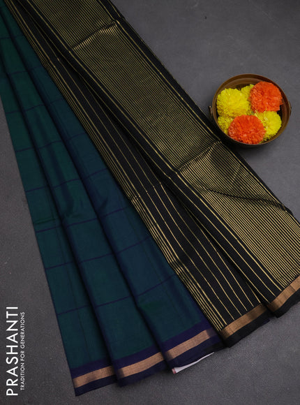 Kora silk cotton saree dual shade of bluish green and black with allover checked pattern and small zari woven border